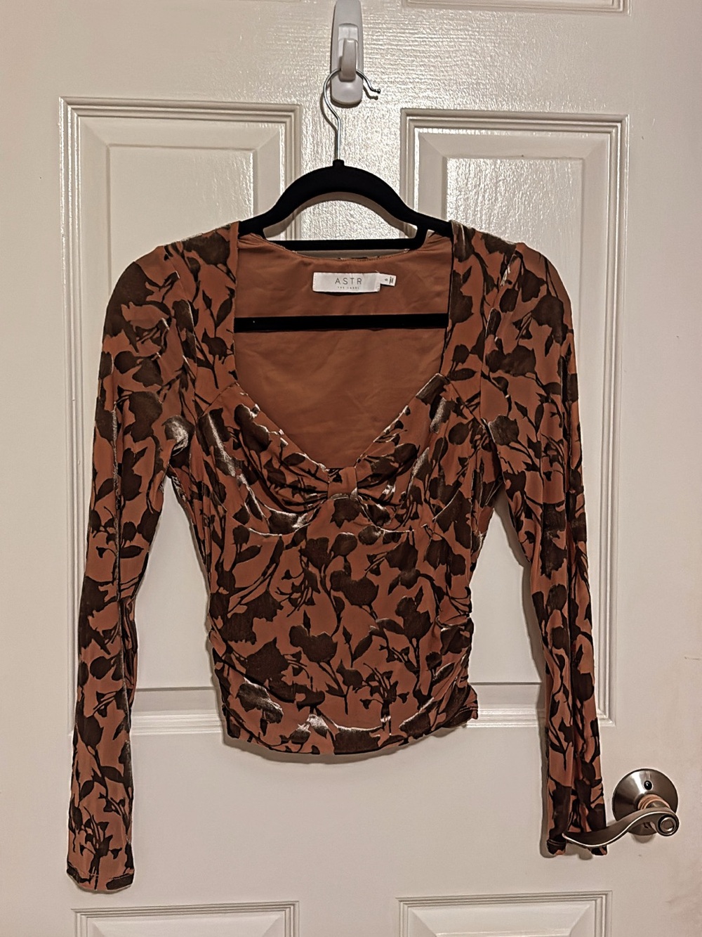 ASTR Rust Brown Floral Long-Sleeve Draped Neck Top